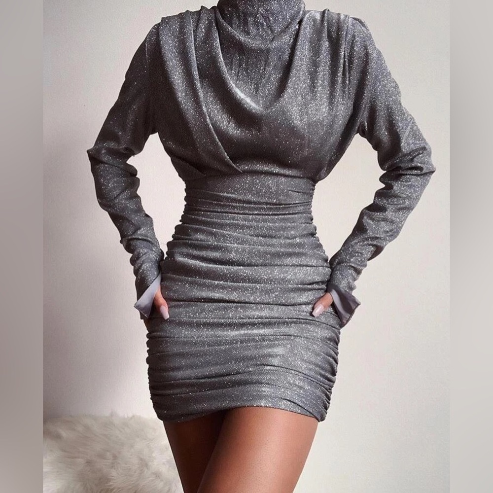 RARE House of CB 'Irena' Silver Sparkle Draped Dress NWT - Picture 3 of 16